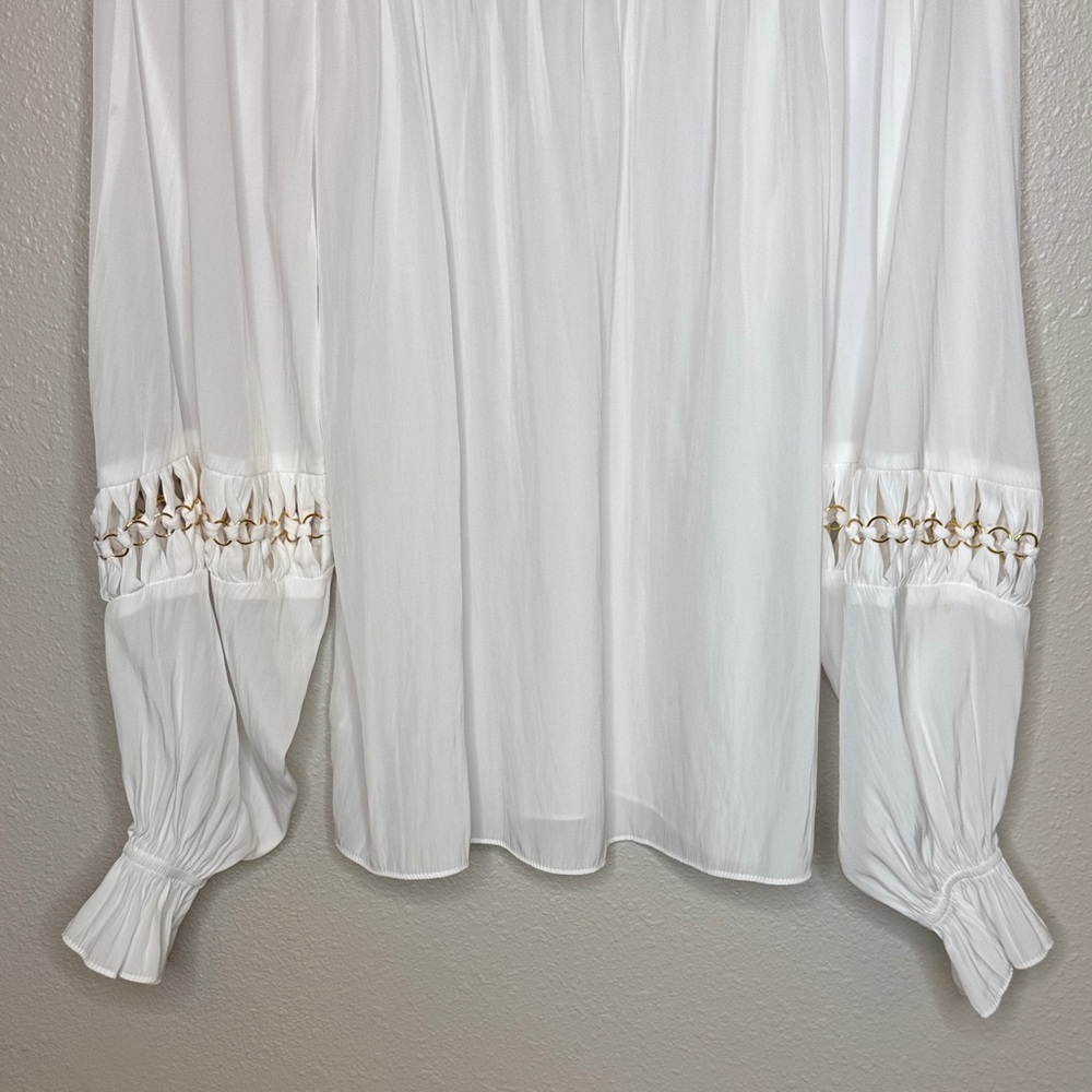 Ramy Brook White Blouse with Gold‎ Circular Accents Peasant Flowy Boho Fairy - S - Picture 7 of 10